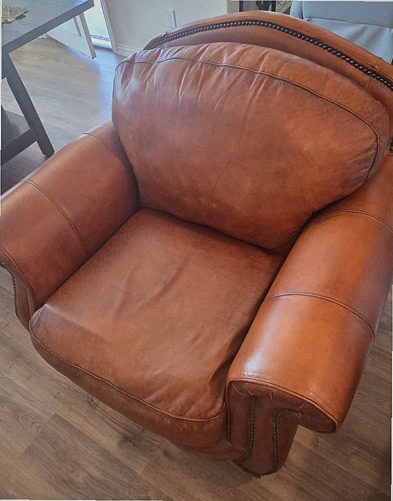 Brown Leather Traditional Armchair with Nailhead Trim, Wood Frame, Rolled Arms